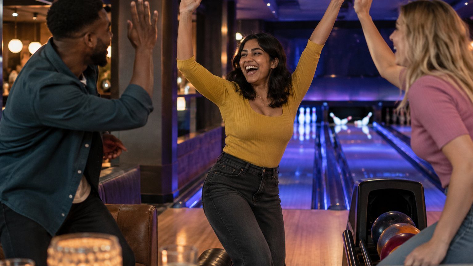 Sophie celebrating a strike with her friends at the bowling lane