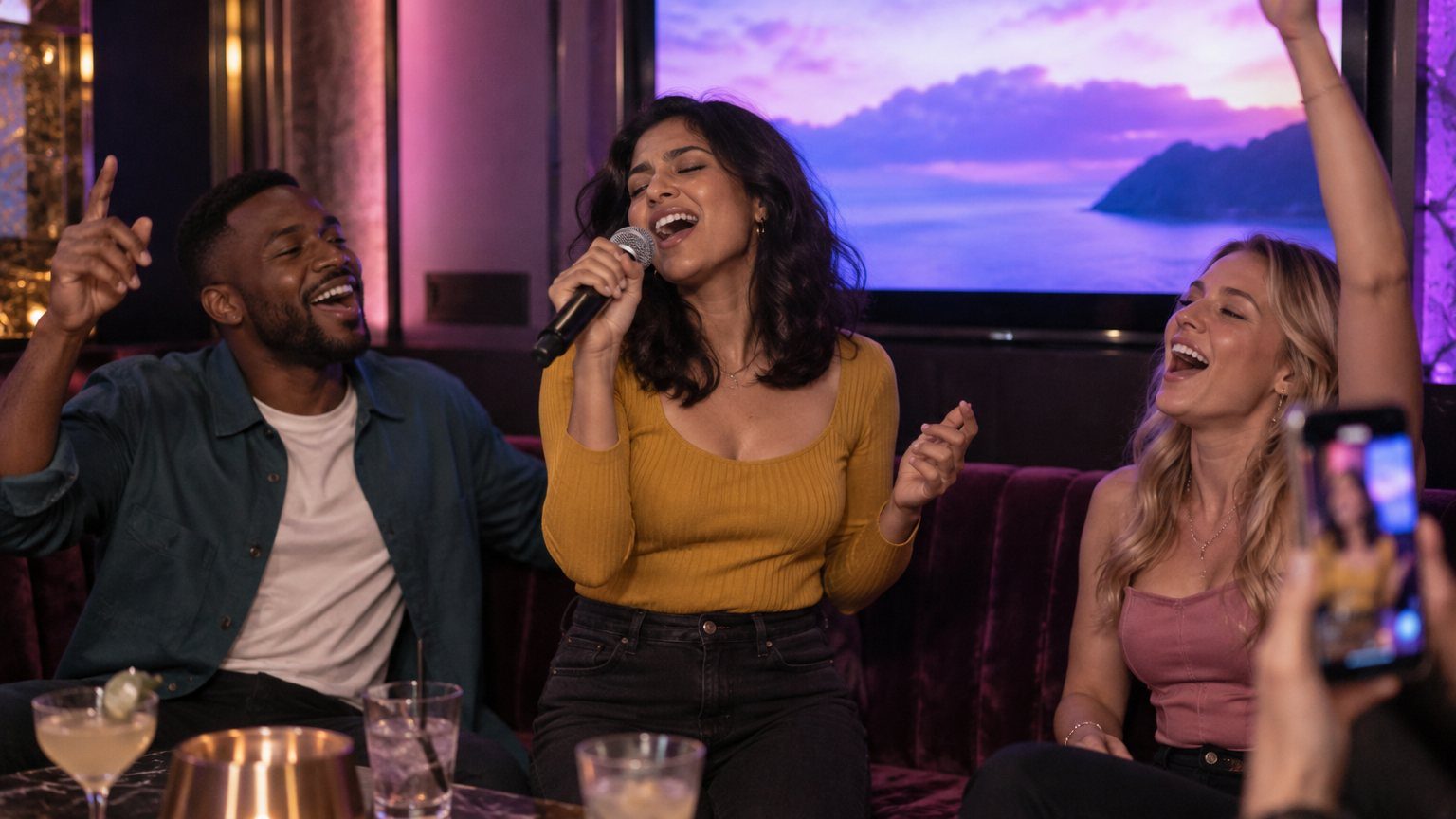 Sophie singing karaoke while her friends sing along